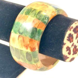 KENNETH JAY LANE CHUNKY BANGLE BRACELET LUCITE BAMBOO WOOD GREEN BROWN 1.5" VTG